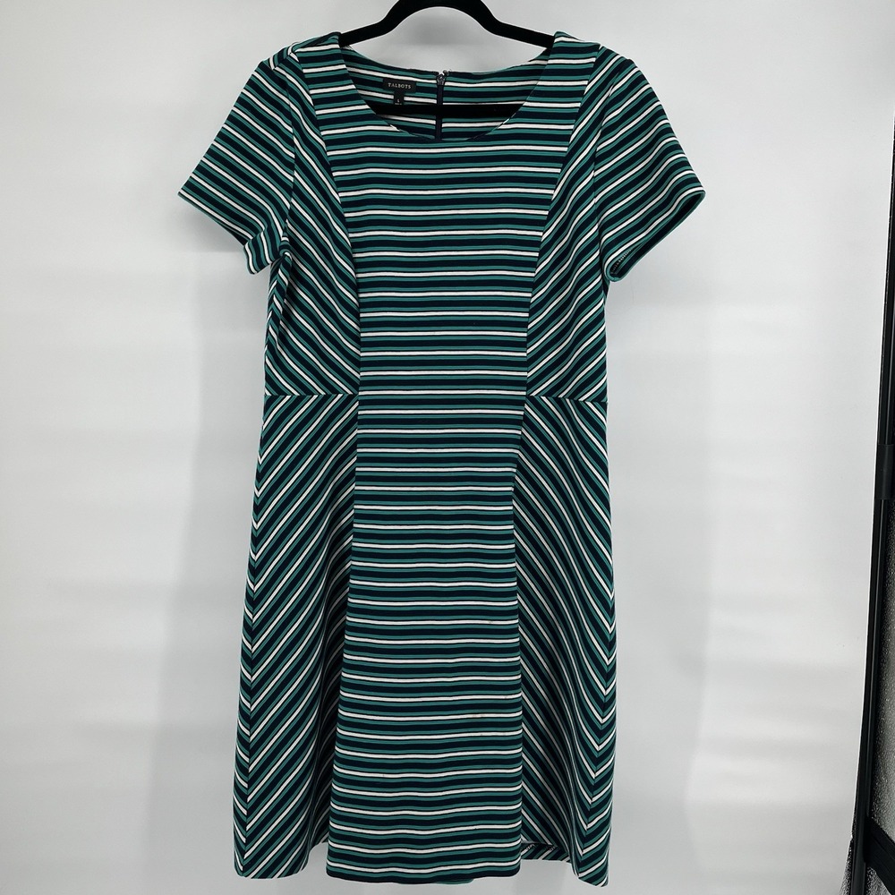 Talbots Women's Dress Size Large Teal Navy Blue Striped Short Sleeve Casual